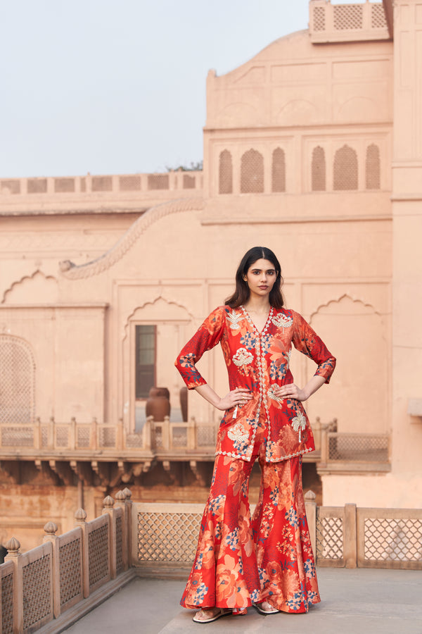 Red Moroccan Zari Buta Jacket Sharara