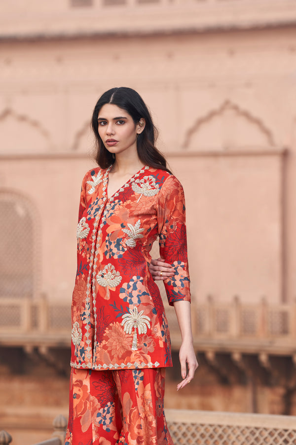 Red Moroccan Zari Buta Jacket Sharara