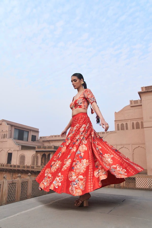 Red Moroccan Kali Wala Lehenga