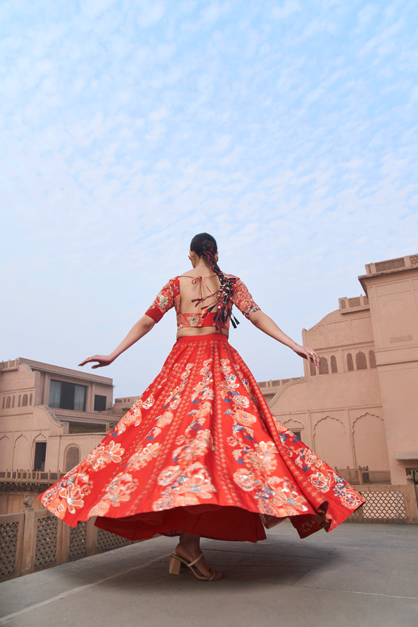 Red Moroccan Kali Wala Lehenga