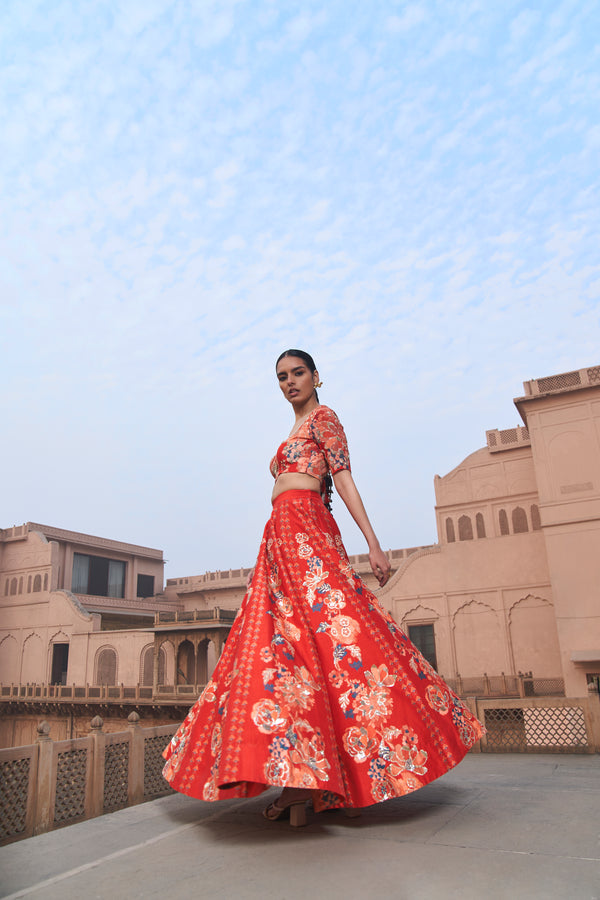 Red Moroccan Kali Wala Lehenga