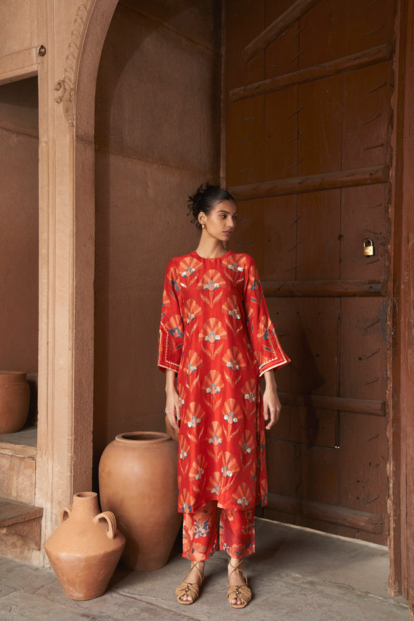 Red Moroccan Shell Print Kurta Set