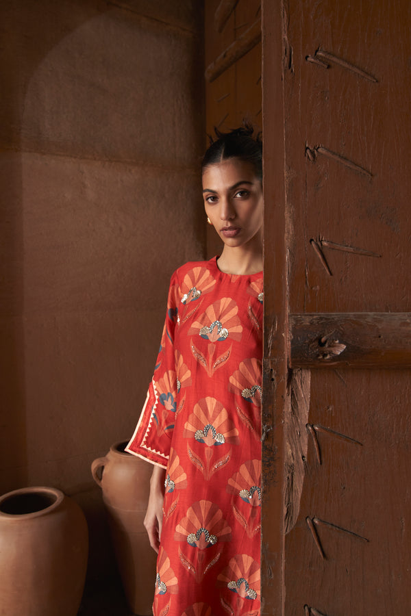 Red Moroccan Shell Print Kurta Set