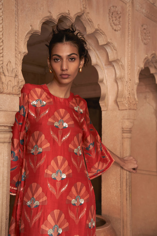 Red Moroccan Shell Print Kurta Set