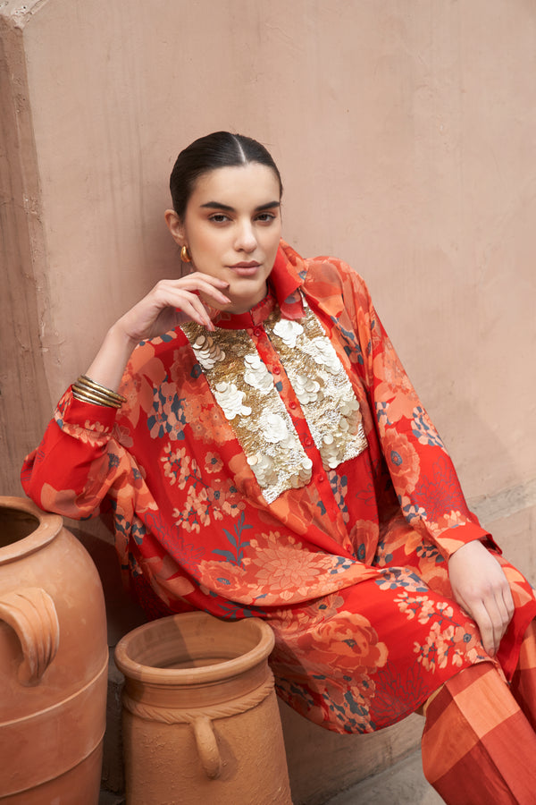 Red Moroccan Coin Yoke Co-ord Set