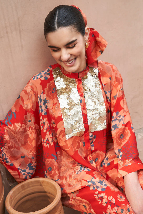 Red Moroccan Coin Yoke Co-ord Set