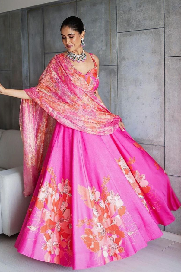 Alisha Pekha in Pink Wildflower Center Print Lehenga Set