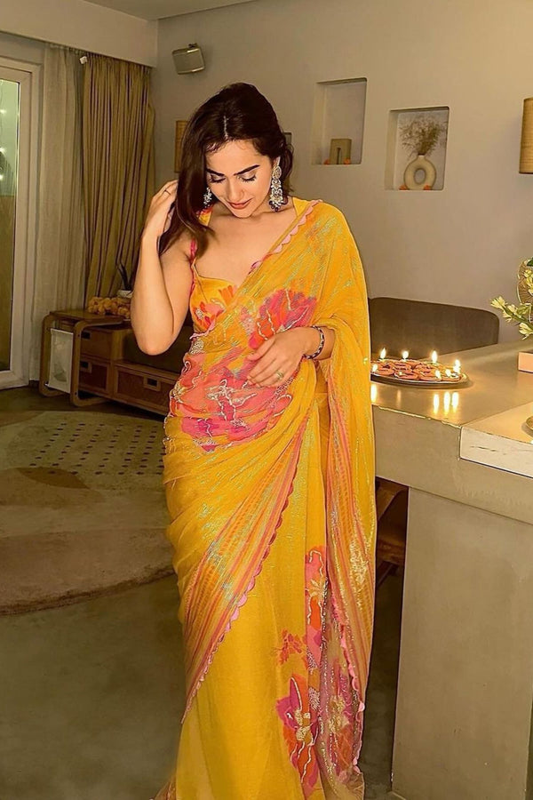 Kusha Kapila in Wildflower Yellow Shimmer Saree