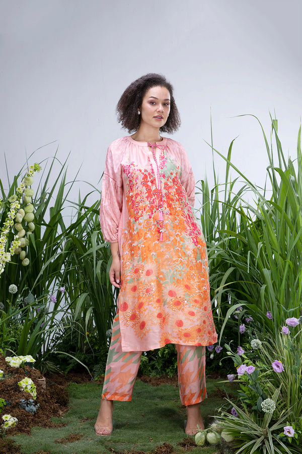 Divya Boppana in Peach Wildflower Zar Kurta set