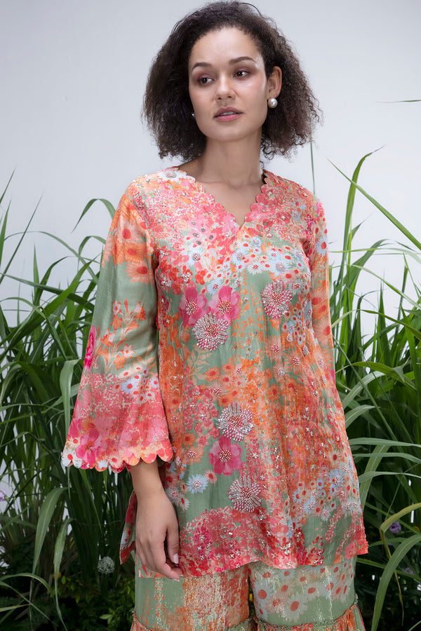 Green Wildflower Scalloped Neck Sharara Set