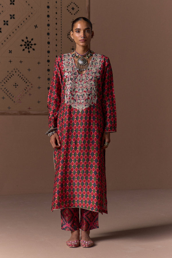 Crimson Katha Silk Kurta Set