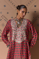 Crimson Katha Silk Kurta Set