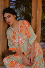 Hanna Khan in Green And Orange Wildrose Tunic Set