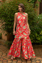 Neha Rathi in Scarlet Halter Neck Sharara