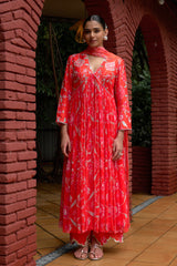 Coral Embroidered Chiffon Kurta Set - Archana Shah
