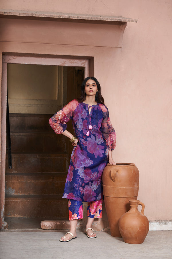 Blue Moroccan Organza Tunic Set