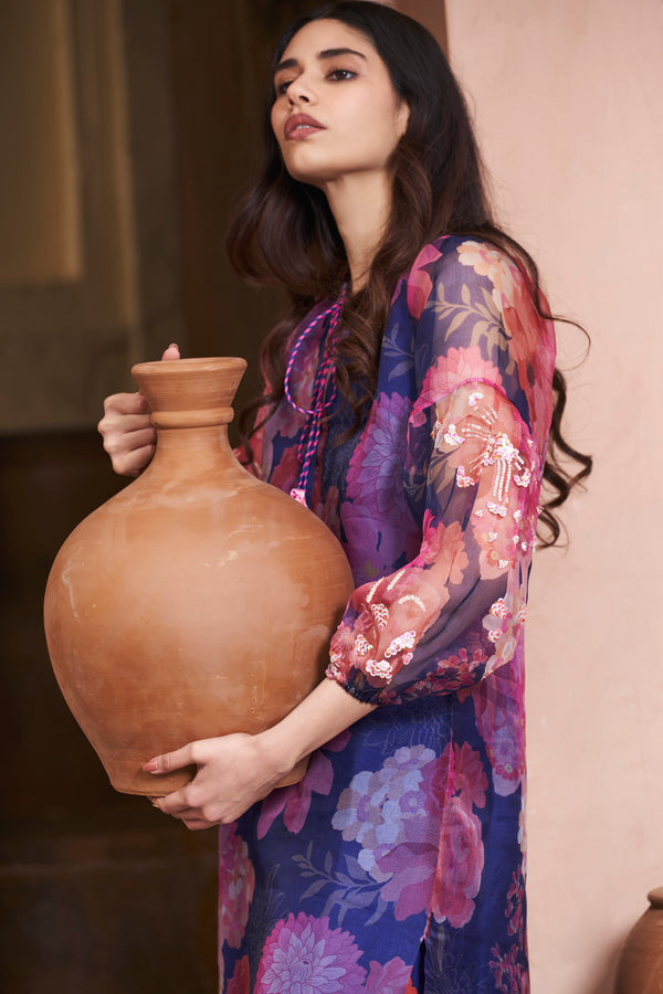 Blue Moroccan Organza Tunic Set