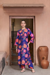 Hand Embroidered Blue Bemberg Silk Kurta Set - Archana Shah
