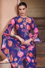 Hand Embroidered Blue Bemberg Silk Kurta Set - Archana Shah