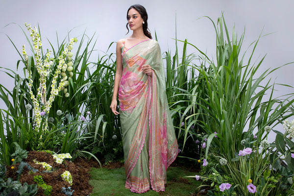 Amrita Thakur in Wildflower Green Shimmer Saree