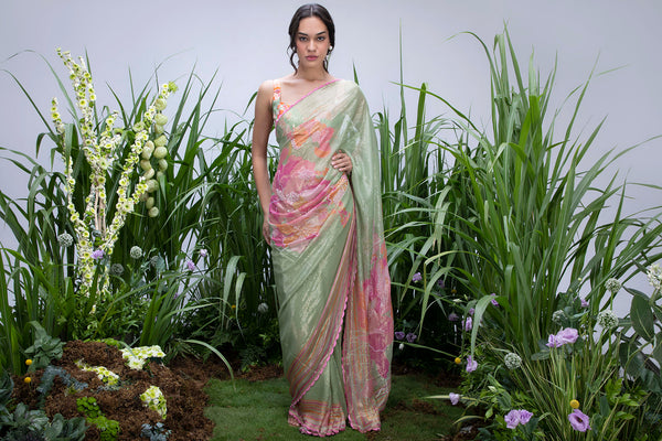 Amrita Thakur in Wildflower Green Shimmer Saree