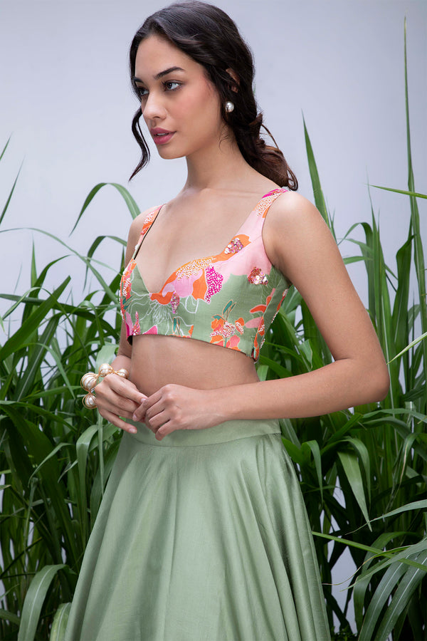 Green Wildflower Center Print Lehenga Set