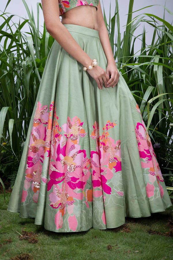 Green Wildflower Center Print Lehenga Set