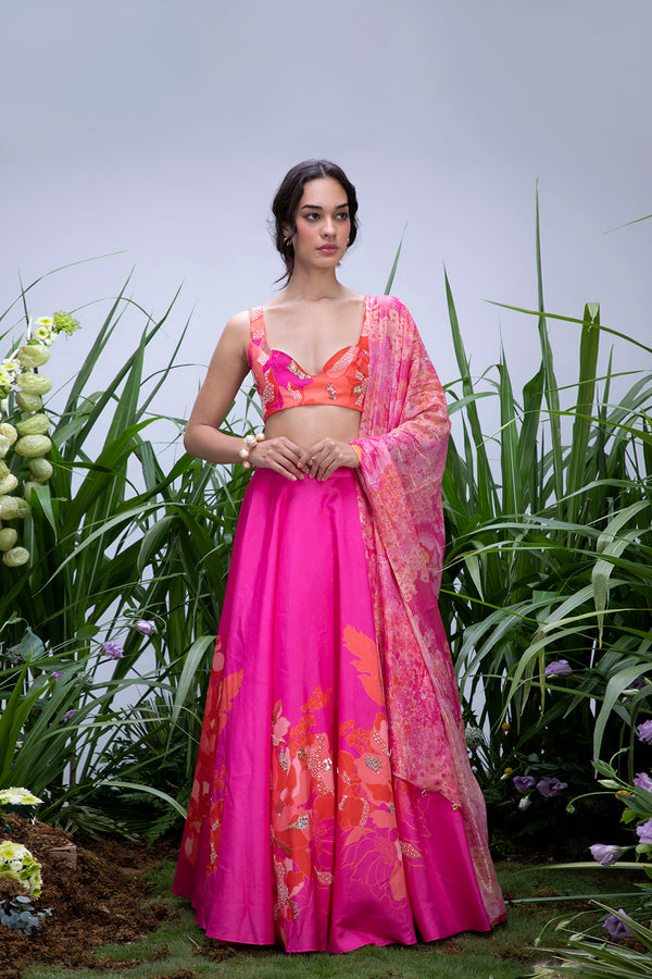 Alisha Pekha in Pink Wildflower Center Print Lehenga Set