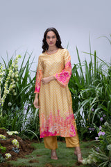 Yellow Wildflower Bell Sleeve Kurta Set - Archana Shah
