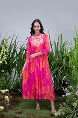 Pink Wildflower Zardozi Yoke Kaftan