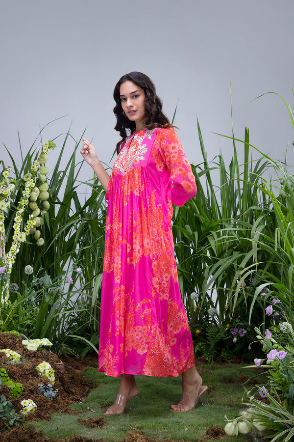 Pink Wildflower Zardozi Yoke Kaftan