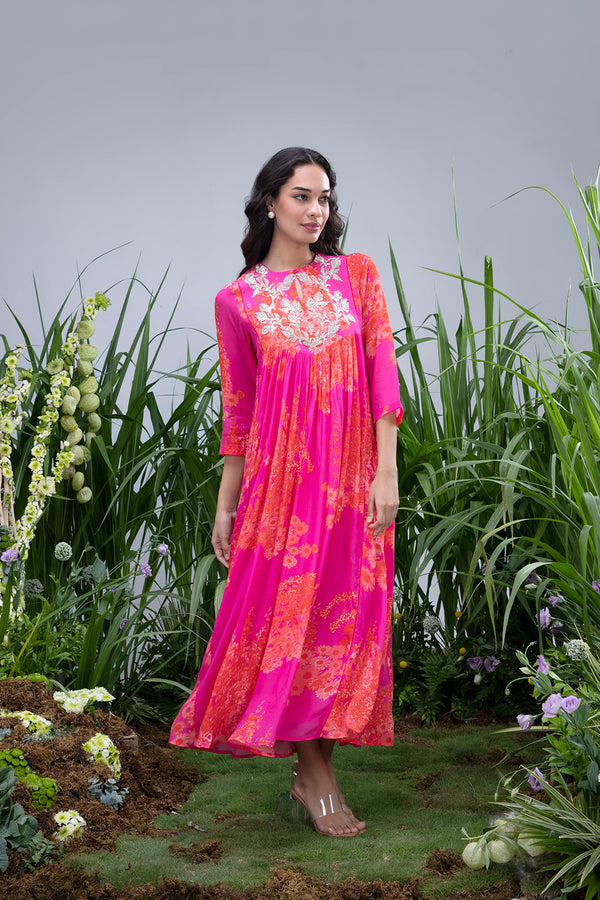 Pink Wildflower Zardozi Yoke Kaftan