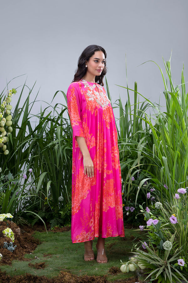 Pink Wildflower Zardozi Yoke Kaftan