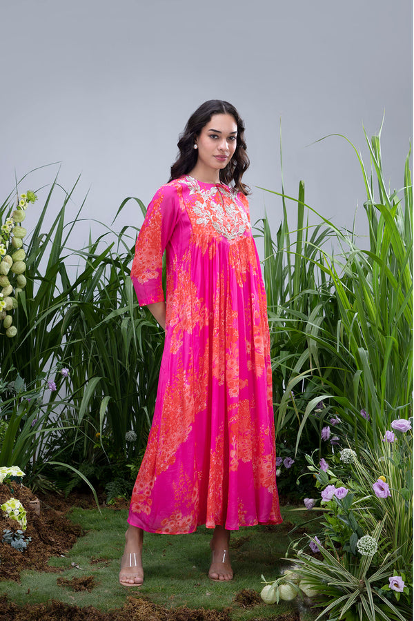 Pink Wildflower Zardozi Yoke Kaftan
