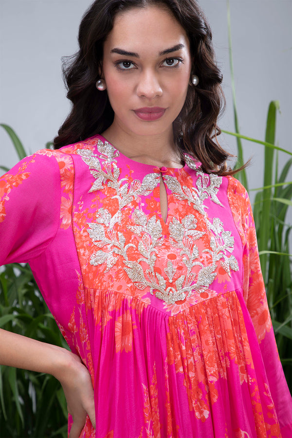 Pink Wildflower Zardozi Yoke Kaftan