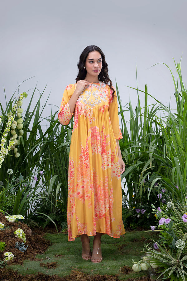 Yellow Wildflower Zardozi Yoke Kaftan