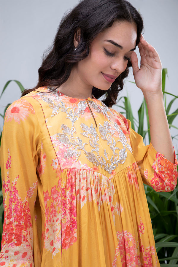 Yellow Wildflower Zardozi Yoke Kaftan