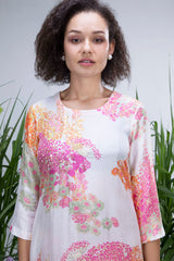 White Wildflower Bemberg Silk Kurta Set - Archana Shah