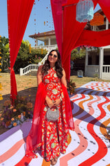 Neha Rathi in Scarlet Halter Neck Sharara