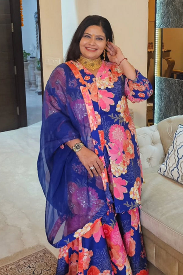 Khushboo in Blue Moroccan Highlight Jacket Sharara