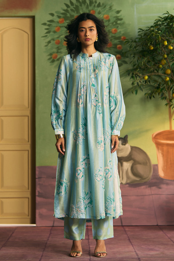 Powder Blue Fresco Silk Blend Straight Kurta Set - Archana Shah