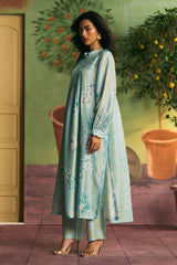 Powder Blue Fresco Silk Blend Straight Kurta Set - Archana Shah