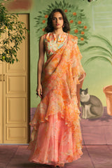 Coral Veil Ruffle Saree