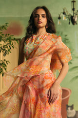 Coral Veil Ruffle Saree