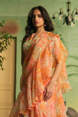 Coral Veil Ruffle Saree