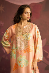 Peach Floral Designer Kurta Set with Mirror Work - Archana Shah