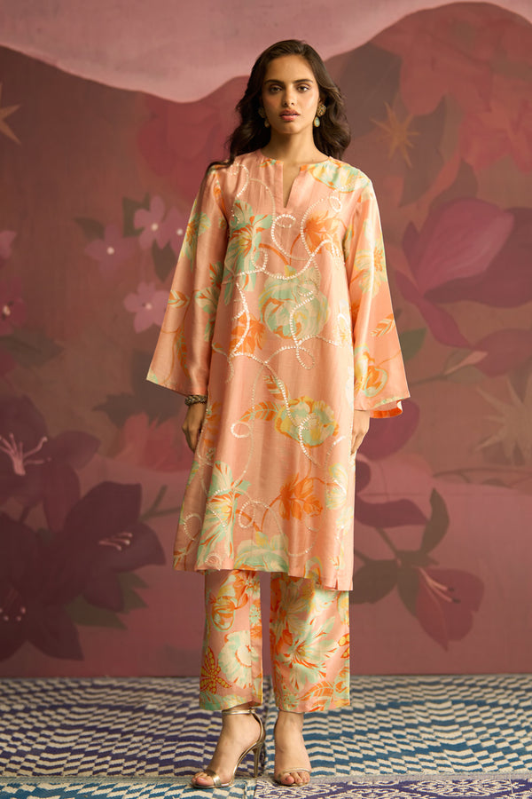 Peach Lilt Floral Printed Kurta Set - Archana Shah