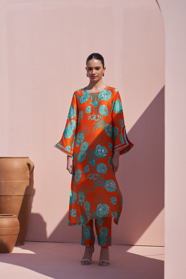 Orange Moroccan Jaal Kurta Set