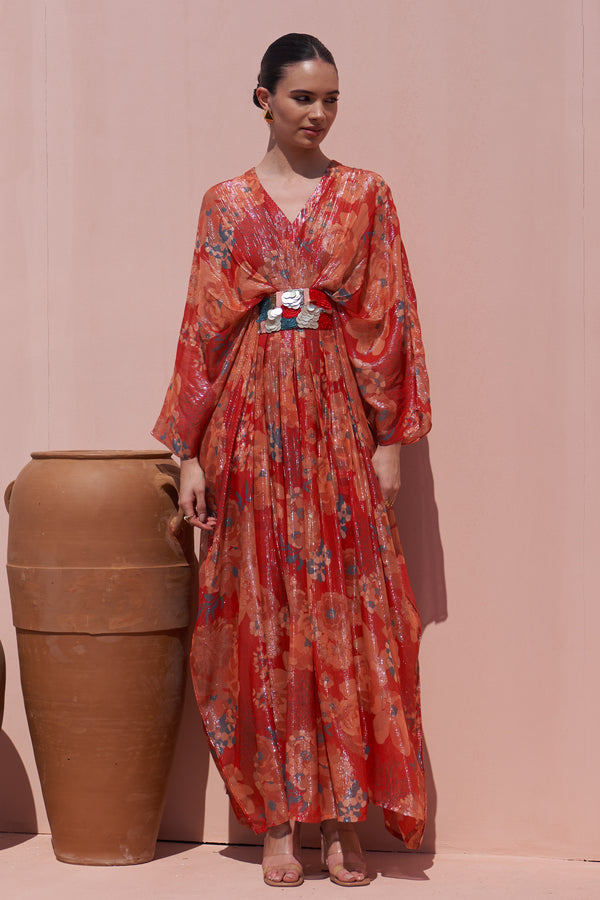 Red Moroccan Shimmer Belt Kaftan