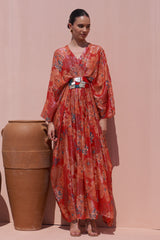 Red Moroccan Shimmer Belt Kaftan